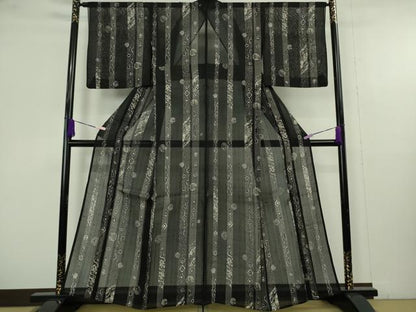 平和屋着物＊極上　夏物　絹芭蕉　小紋　紗　吉祥間道　黒地　逸品　DZAB9702kh6