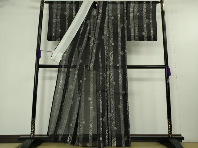 平和屋着物＊極上　夏物　絹芭蕉　小紋　紗　吉祥間道　黒地　逸品　DZAB9702kh6