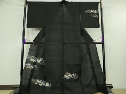 平和屋着物＊極上　夏物　訪問着　紗紬　枝菊　黒地　金彩　逸品　DZAB9704kh6