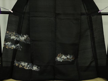 平和屋着物＊極上　夏物　訪問着　紗紬　枝菊　黒地　金彩　逸品　DZAB9704kh6