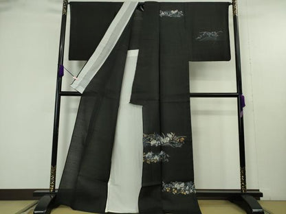平和屋着物＊極上　夏物　訪問着　紗紬　枝菊　黒地　金彩　逸品　DZAB9704kh6