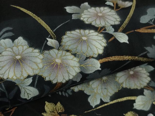 平和屋着物＊極上　夏物　訪問着　紗紬　枝菊　黒地　金彩　逸品　DZAB9704kh6