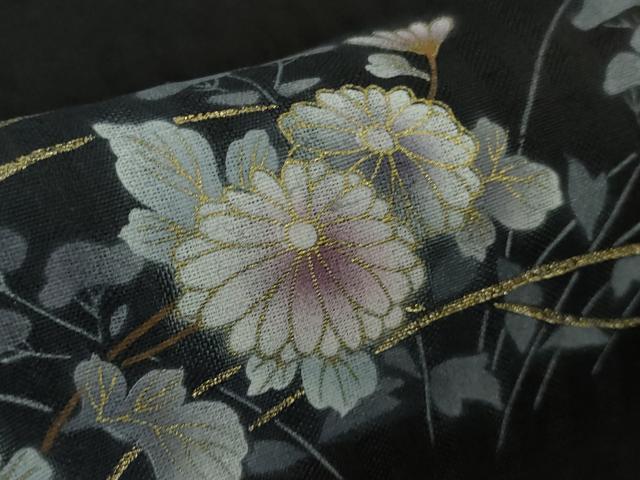 平和屋着物＊極上　夏物　訪問着　紗紬　枝菊　黒地　金彩　逸品　DZAB9704kh6