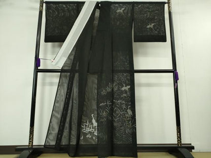平和屋着物▽極上　訪問着　無双　紗袷　紗×紗　白鷺　黒地　金彩　逸品　DZAB9706kh6