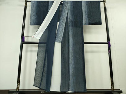 平和屋着物＊極上　夏物　小紋　紗　墨流し染　唐草地紋　暈し染め　反端付き　逸品　DZAB9707kh6