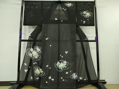 平和屋本店＊極上　夏物　訪問着　絽　草花文　黒地　銀彩　逸品　DZAB9709kh6