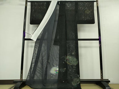 平和屋本店▽極上　訪問着　無双　紗袷　紗×紗　草花文　暈し染め　黒地　金彩　逸品　DZAB9711kh6