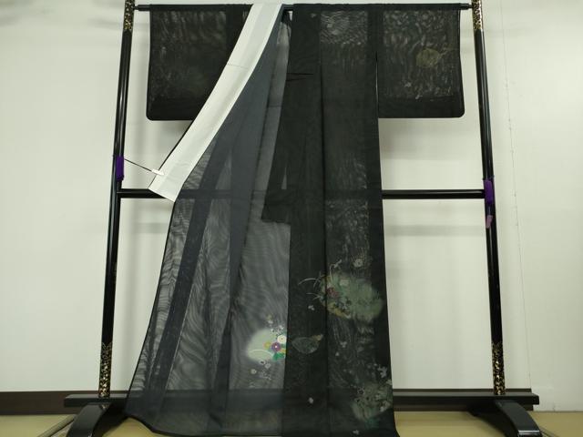 平和屋本店▽極上　訪問着　無双　紗袷　紗×紗　草花文　暈し染め　黒地　金彩　逸品　DZAB9711kh6