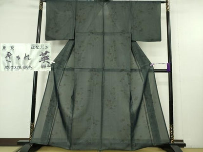 平和屋着物▽極上　洗える最高級着物　＜英＞はなぶさ謹製　小紋　無双　紗袷　紗×絽　秋草文　濃紺地　逸品　DZAB9715kh6