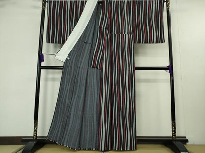 平和屋着物▽極上　小紋　単衣　よろけ縞　黒地　逸品　DZAB9717kh6