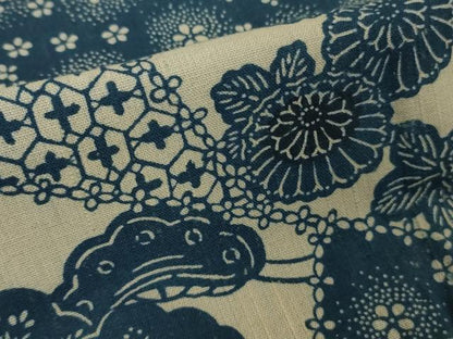 平和屋着物▽極上　小紋　単衣　藍　紬地　切嵌　椿　松　菊　藍愛美術館謹製　反端付き　逸品　DZAB9724kh6