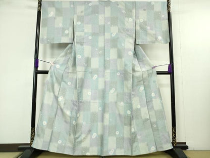 平和屋本店▽極上　創業200年・7代目永治屋清左衛門　小紋　単衣　お召地　市松菊楓桜文　銀糸　逸品　DZAB9731kh6