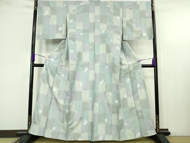 平和屋本店▽極上　創業200年・7代目永治屋清左衛門　小紋　単衣　お召地　市松菊楓桜文　銀糸　逸品　DZAB9731kh6