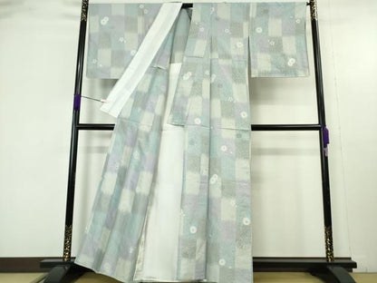 平和屋本店▽極上　創業200年・7代目永治屋清左衛門　小紋　単衣　お召地　市松菊楓桜文　銀糸　逸品　DZAB9731kh6