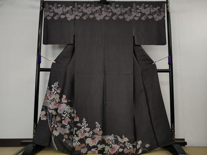 平和屋本店●極上　創業200年・7代目永治屋清左衛門　訪問着　お召地　枝葉花文　紫黒色地　銀糸　逸品　DZAB9732kh6