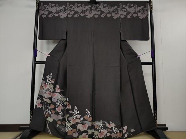 平和屋本店●極上　創業200年・7代目永治屋清左衛門　訪問着　お召地　枝葉花文　紫黒色地　銀糸　逸品　DZAB9732kh6