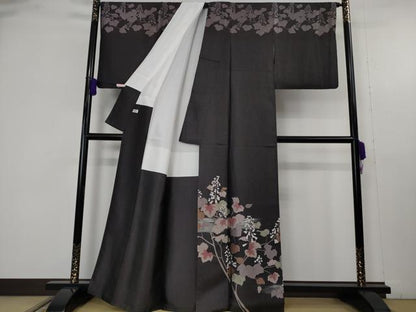 平和屋本店●極上　創業200年・7代目永治屋清左衛門　訪問着　お召地　枝葉花文　紫黒色地　銀糸　逸品　DZAB9732kh6