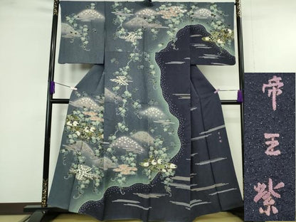 平和屋本店●極上　西陣 京の名門 じゅらく謹製 帝王紫　中国三大刺繍　相良刺繍　訪問着　蔦の葉　暈し染め　金通し地　逸品　DZAB9734kh6