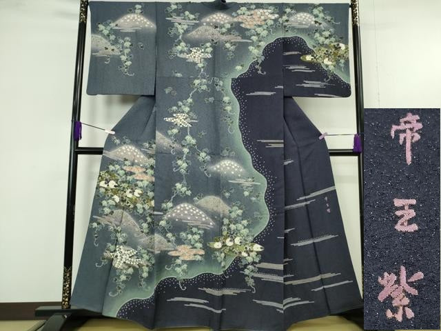 平和屋本店●極上　西陣 京の名門 じゅらく謹製 帝王紫　中国三大刺繍　相良刺繍　訪問着　蔦の葉　暈し染め　金通し地　逸品　DZAB9734kh6
