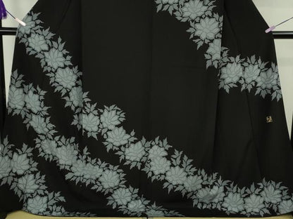平和屋本店●極上　染色作家　寺島利男　訪問着　草花文　黒地　ロング丈　逸品　DZAB9735kh6
