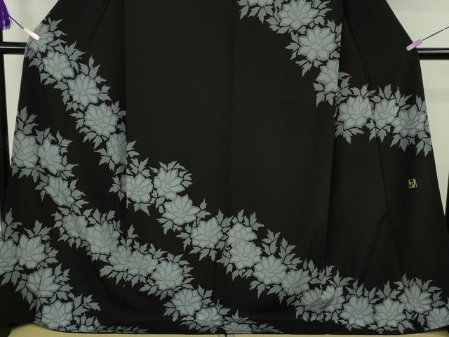 平和屋本店●極上　染色作家　寺島利男　訪問着　草花文　黒地　ロング丈　逸品　DZAB9735kh6