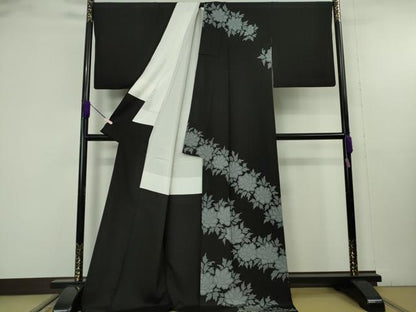 平和屋本店●極上　染色作家　寺島利男　訪問着　草花文　黒地　ロング丈　逸品　DZAB9735kh6