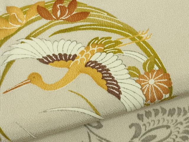 平和屋本店●極上　銀座　志ま亀　訪問着　飛鶴花丸文　砂色地　縮緬　金彩　逸品　未使用　DZAB9743kh6