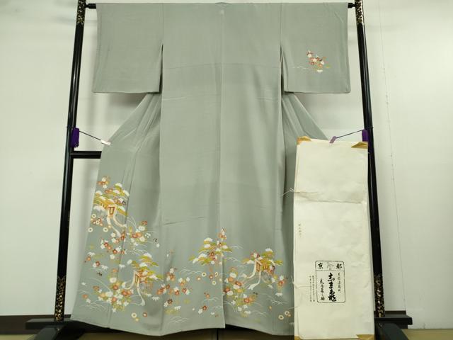 平和屋本店●極上　銀座　志ま亀　訪問着　御所車吉祥花文　青磁鼠色　縮緬地　たとう紙付き　逸品　DZAB9746kh6