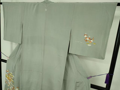 平和屋本店●極上　銀座　志ま亀　訪問着　御所車吉祥花文　青磁鼠色　縮緬地　たとう紙付き　逸品　DZAB9746kh6