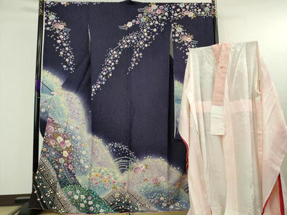 平和屋本店●極上　振袖・長襦袢(無双仕立て・半衿刺繍)セット　小寺義一作　辻が花　暈し染め　金通し地　逸品　DZAB9750kh6