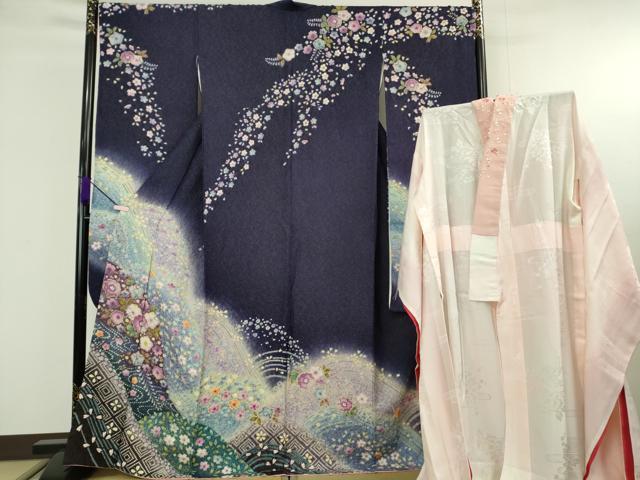 平和屋本店●極上　振袖・長襦袢(無双仕立て・半衿刺繍)セット　小寺義一作　辻が花　暈し染め　金通し地　逸品　DZAB9750kh6