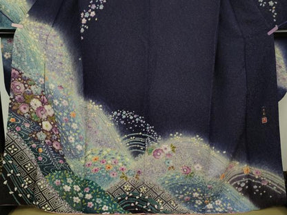 平和屋本店●極上　振袖・長襦袢(無双仕立て・半衿刺繍)セット　小寺義一作　辻が花　暈し染め　金通し地　逸品　DZAB9750kh6