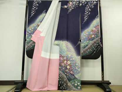 平和屋本店●極上　振袖・長襦袢(無双仕立て・半衿刺繍)セット　小寺義一作　辻が花　暈し染め　金通し地　逸品　DZAB9750kh6
