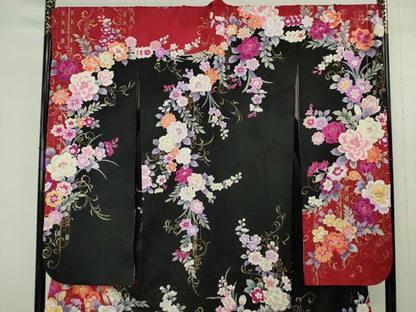 平和屋本店●極上　森英恵・HANAE MORI　振袖　刺繍　草花文　黒地　金糸　逸品　DZAB9751kh6