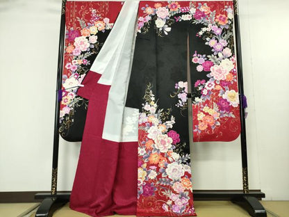 平和屋本店●極上　森英恵・HANAE MORI　振袖　刺繍　草花文　黒地　金糸　逸品　DZAB9751kh6