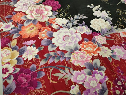 平和屋本店●極上　森英恵・HANAE MORI　振袖　刺繍　草花文　黒地　金糸　逸品　DZAB9751kh6