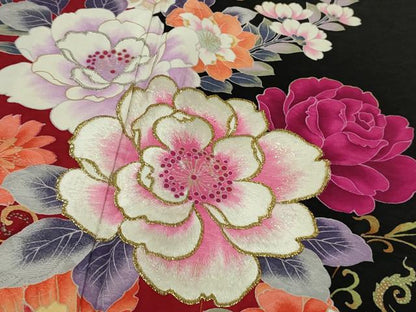 平和屋本店●極上　森英恵・HANAE MORI　振袖　刺繍　草花文　黒地　金糸　逸品　DZAB9751kh6