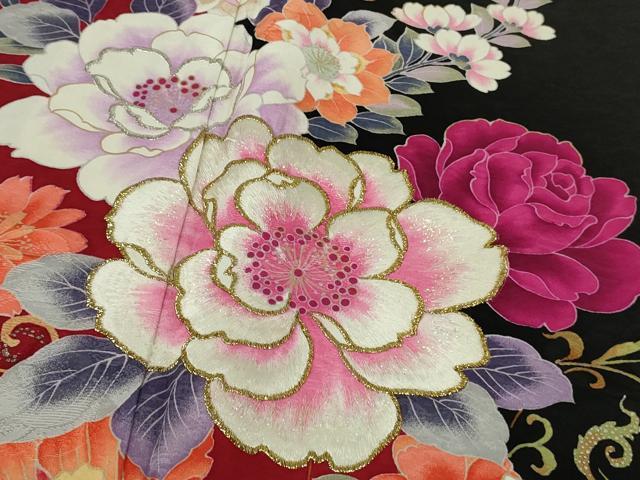 平和屋本店●極上　森英恵・HANAE MORI　振袖　刺繍　草花文　黒地　金糸　逸品　DZAB9751kh6