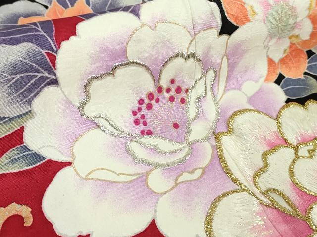 平和屋本店●極上　森英恵・HANAE MORI　振袖　刺繍　草花文　黒地　金糸　逸品　DZAB9751kh6