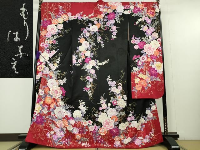 平和屋本店●極上　森英恵・HANAE MORI　振袖　刺繍　草花文　黒地　金糸　逸品　DZAB9751kh6