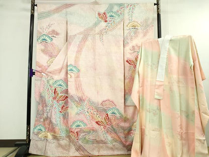 平和屋本店●極上　振袖・長襦袢(袷)セット　絞り　舞蝶松文　暈し染め　金彩　逸品　DZAB9756kh6
