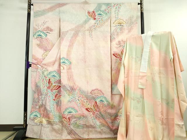 平和屋本店●極上　振袖・長襦袢(袷)セット　絞り　舞蝶松文　暈し染め　金彩　逸品　DZAB9756kh6