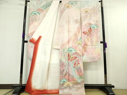 平和屋本店●極上　振袖・長襦袢(袷)セット　絞り　舞蝶松文　暈し染め　金彩　逸品　DZAB9756kh6