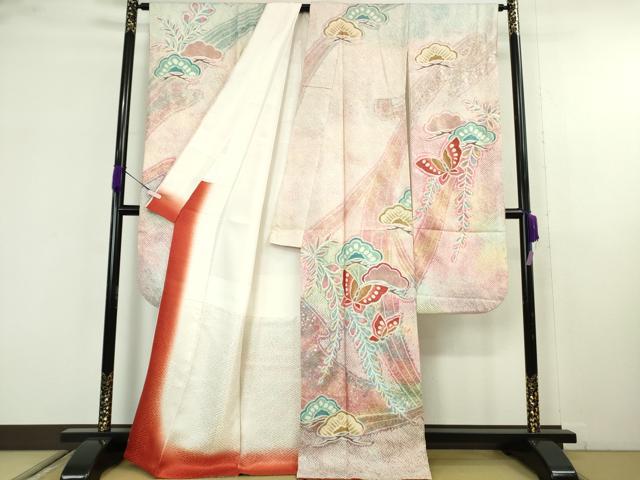 平和屋本店●極上　振袖・長襦袢(袷)セット　絞り　舞蝶松文　暈し染め　金彩　逸品　DZAB9756kh6