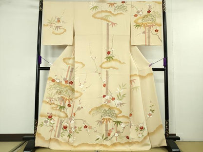 平和屋本店●極上　訪問着　作家物　駒刺繍　松竹梅　橘文　砥粉色地　金彩　逸品　DZAB9759kh6