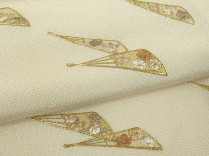 平和屋本店●極上　訪問着　刺繍　舞扇　香色地　暈し染め　金糸　鬼しぼ縮緬　逸品　DZAB9760kh6