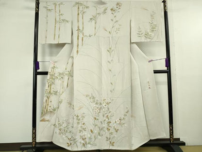 平和屋本店●極上　訪問着　総刺繍　作家物　夢小袖　笹竹　枝花文　灰梅色地　金糸　逸品　DZAB9762kh6