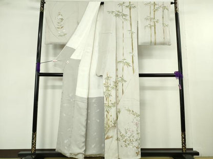 平和屋本店●極上　訪問着　総刺繍　作家物　夢小袖　笹竹　枝花文　灰梅色地　金糸　逸品　DZAB9762kh6