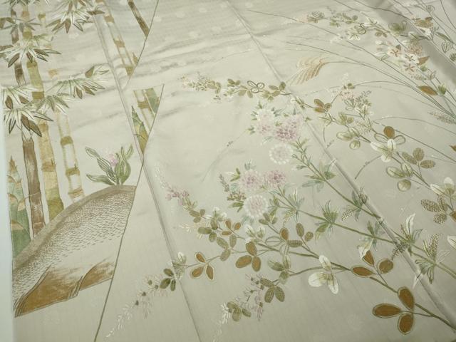 平和屋本店●極上　訪問着　総刺繍　作家物　夢小袖　笹竹　枝花文　灰梅色地　金糸　逸品　DZAB9762kh6