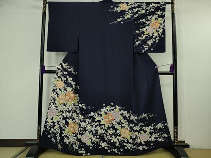 平和屋本店●極上　訪問着　駒刺繍　枝垂れ桜　舞花文　鉄紺色地　金彩　逸品　DZAB9764kh6